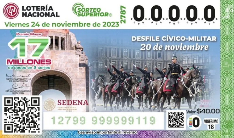El billete del Sorteo Superior 2787 fue alusivo al desfile cívico-militar por el 113 Aniversario de la Revolución Mexicana. Foto: Lotenal
