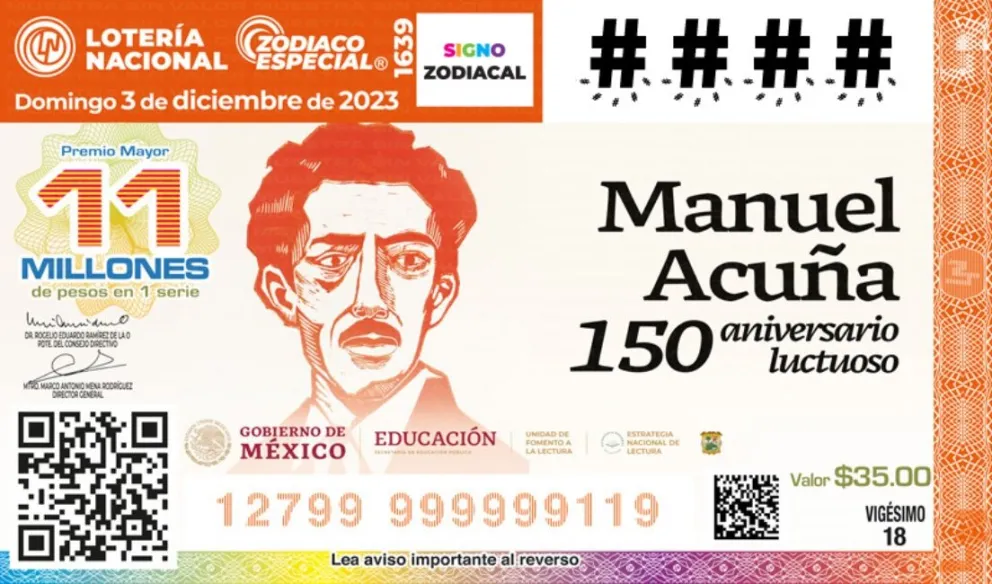 El billete de este Sorteo Zodiaco Especial estuvo dedicado al poeta mexicano Manuel Acuña, por su 150 aniversario luctuoso. Foto: Lotería Nacional