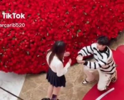 Joven que pide matrimonio con ramo de rosas gigante a su novia y se vuelve viral
